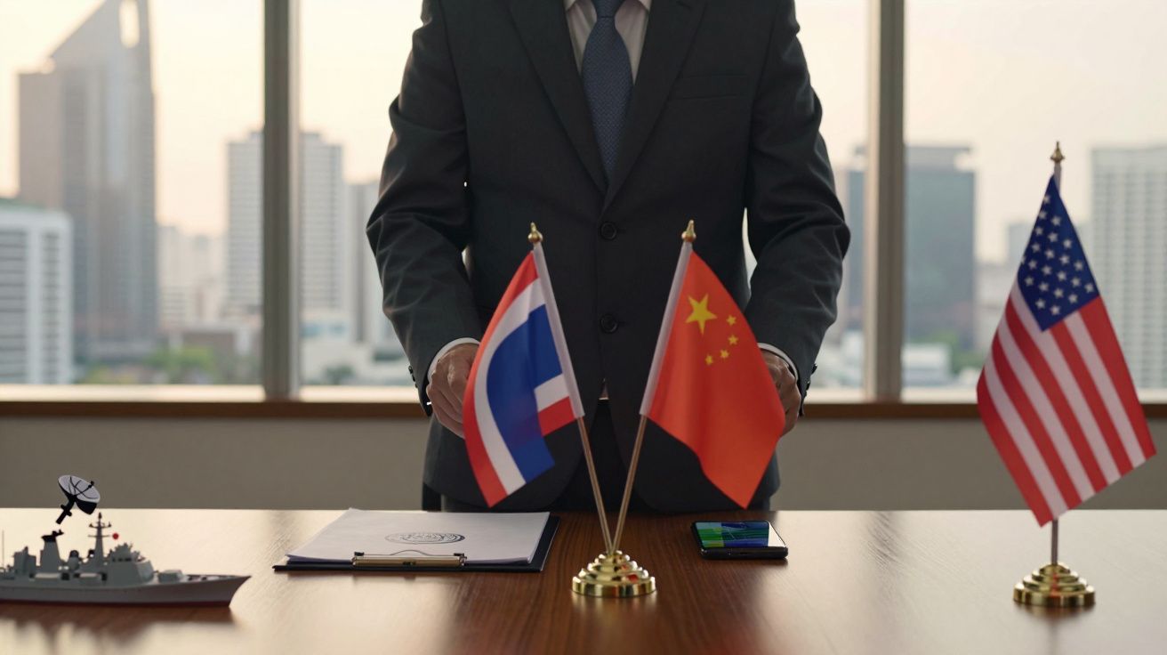 Executivo de pé atrás de uma mesa com bandeiras da Tailândia, China e EUA, com edifícios ao fundo.