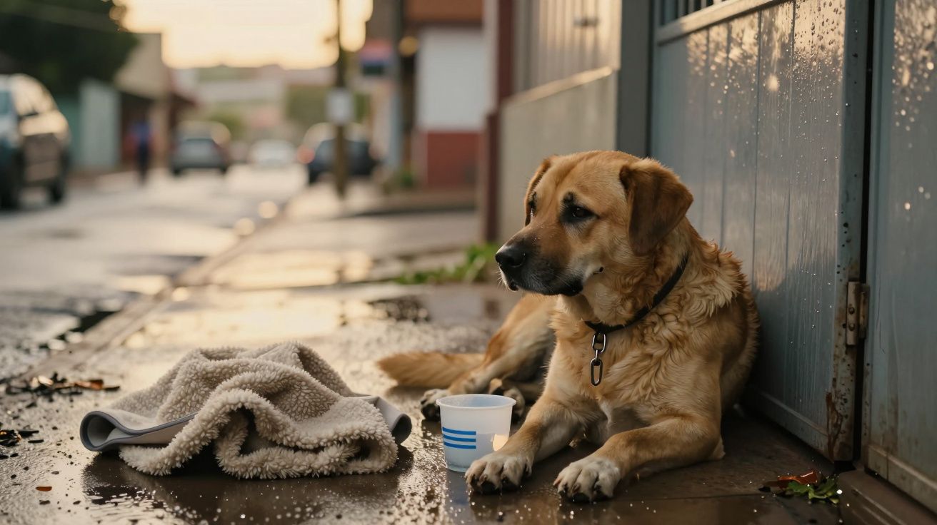 Cão deitado na calçada molhada ao lado de um cobertor e um copo. Porte de garagem ao fundo.
