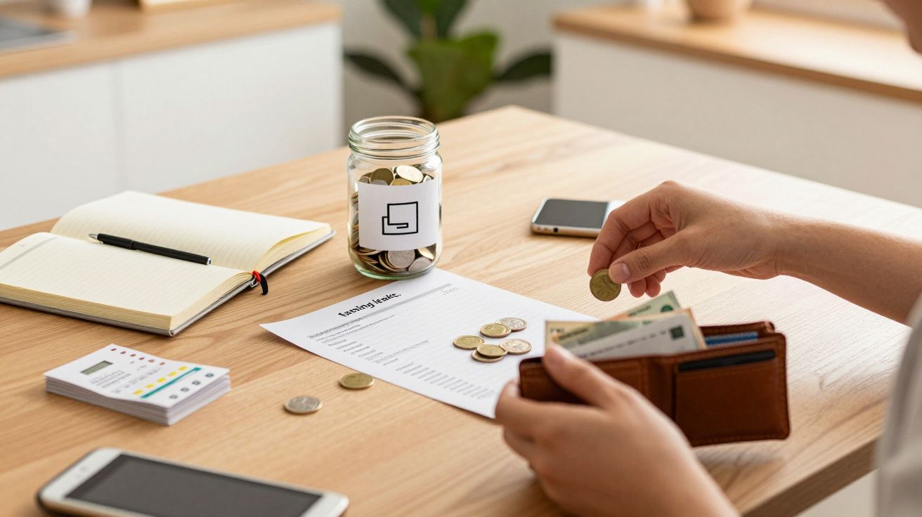 Mãos contando moedas com jarro, caderno, telemóvel e folha de orçamento numa mesa de madeira.