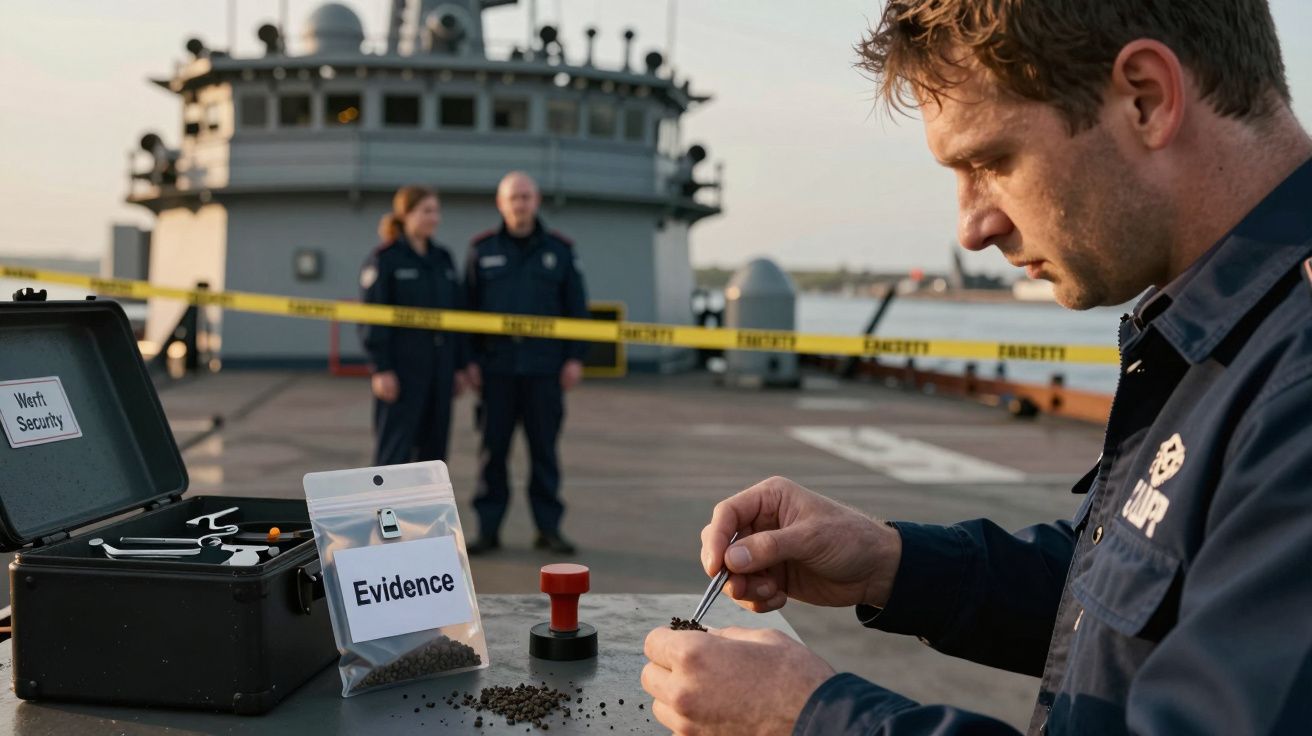 Homem analisa provas num navio sob investigação, com fita de segurança e dois oficiais ao fundo.