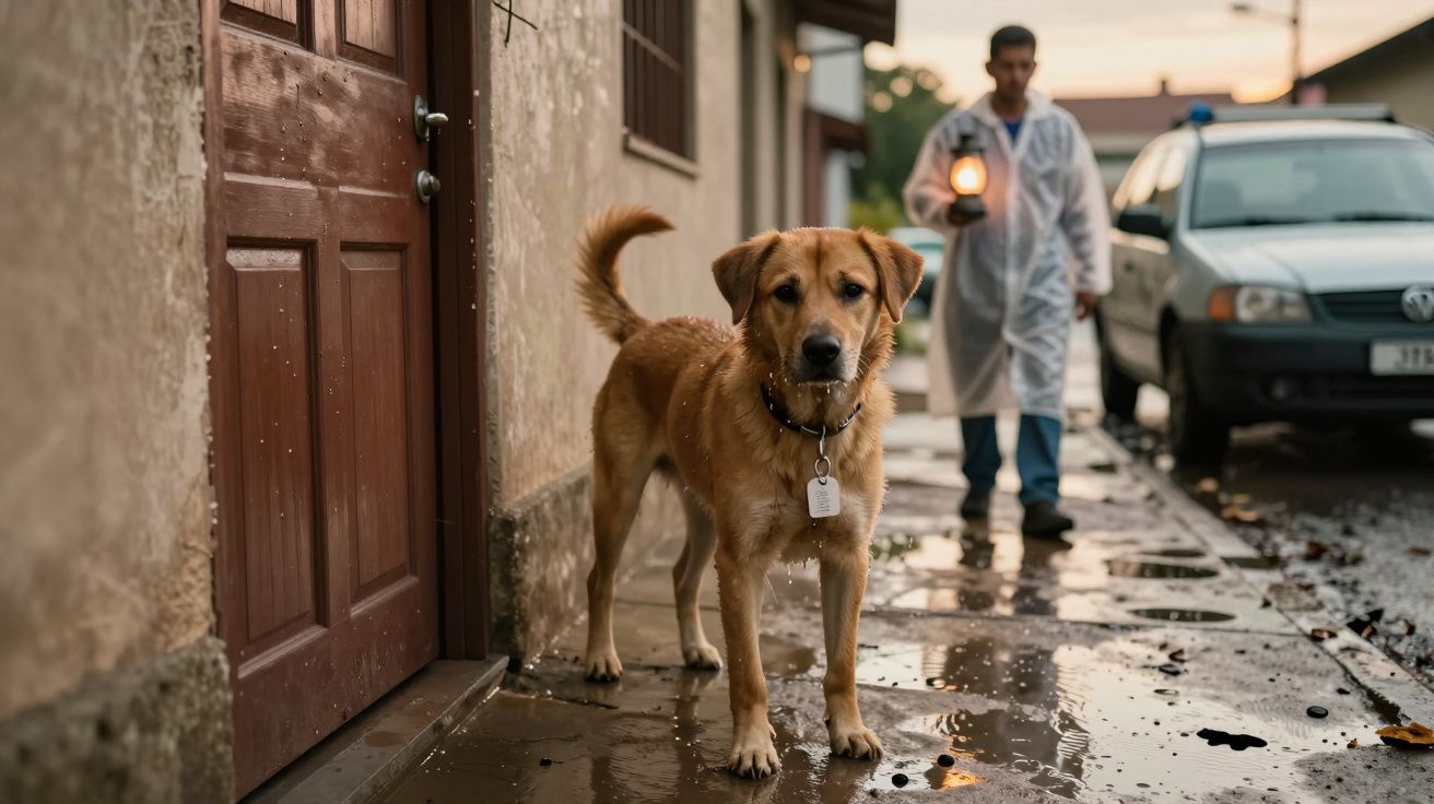 Cão castanho de pêlo curto num passeio molhado, homem ao fundo com bata branca e lanterna.