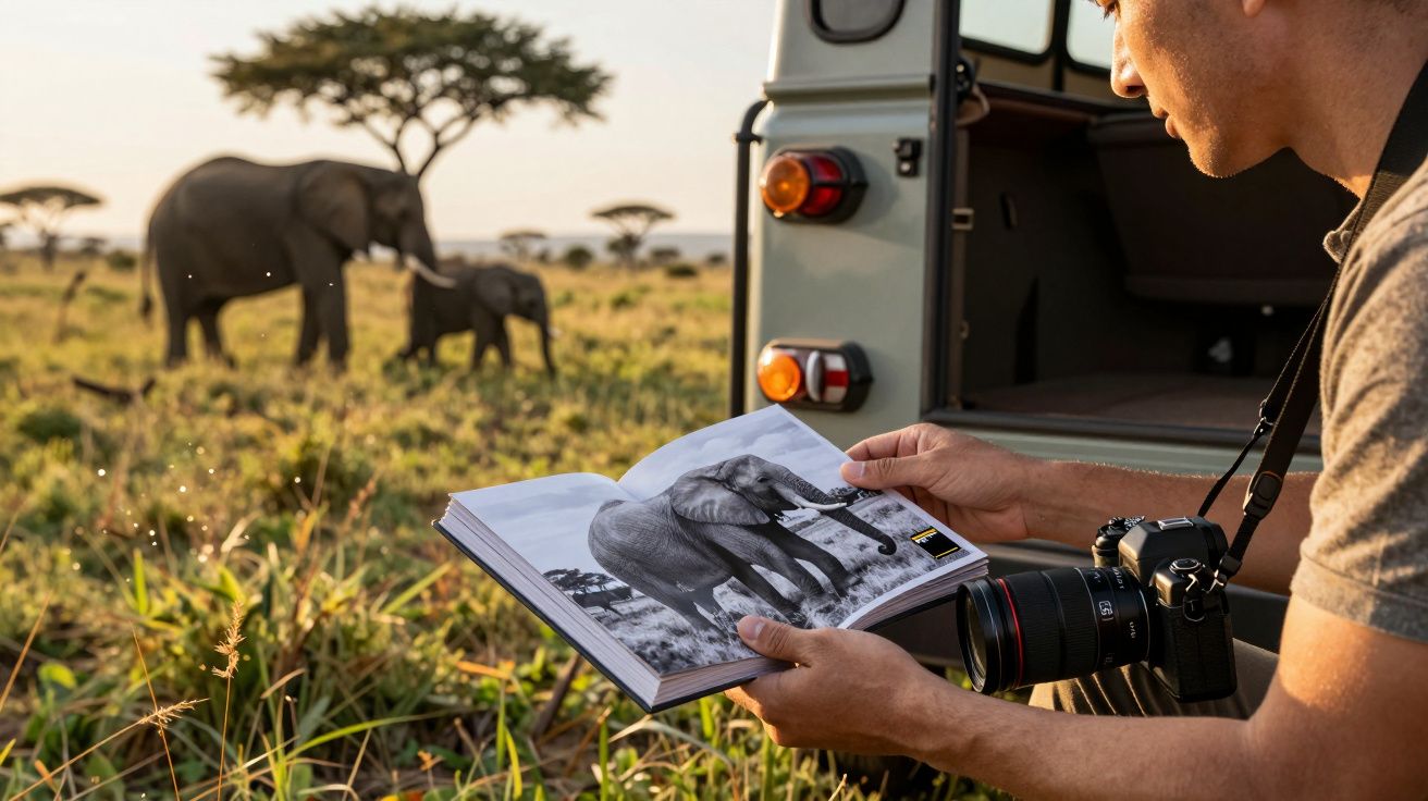 Homem com câmara observa livro com imagem de elefantes, enquanto elefantes reais aparecem ao fundo numa savana.