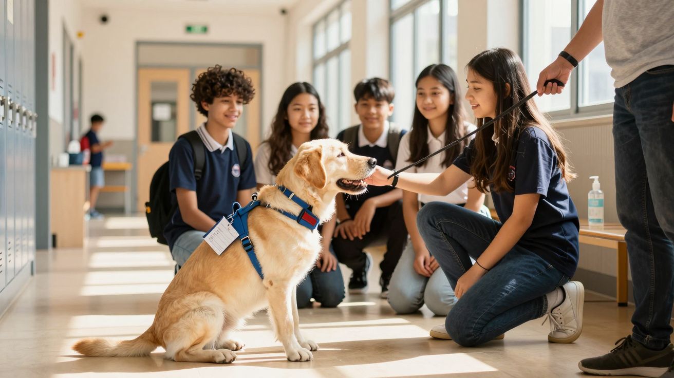 Grupo de estudantes sentados num corredor escolar a interagir com um cão-guia amarelo.