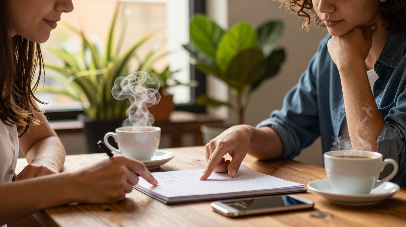Duas pessoas discutem notas num caderno, com chávenas de café na mesa e um telemóvel ao lado.