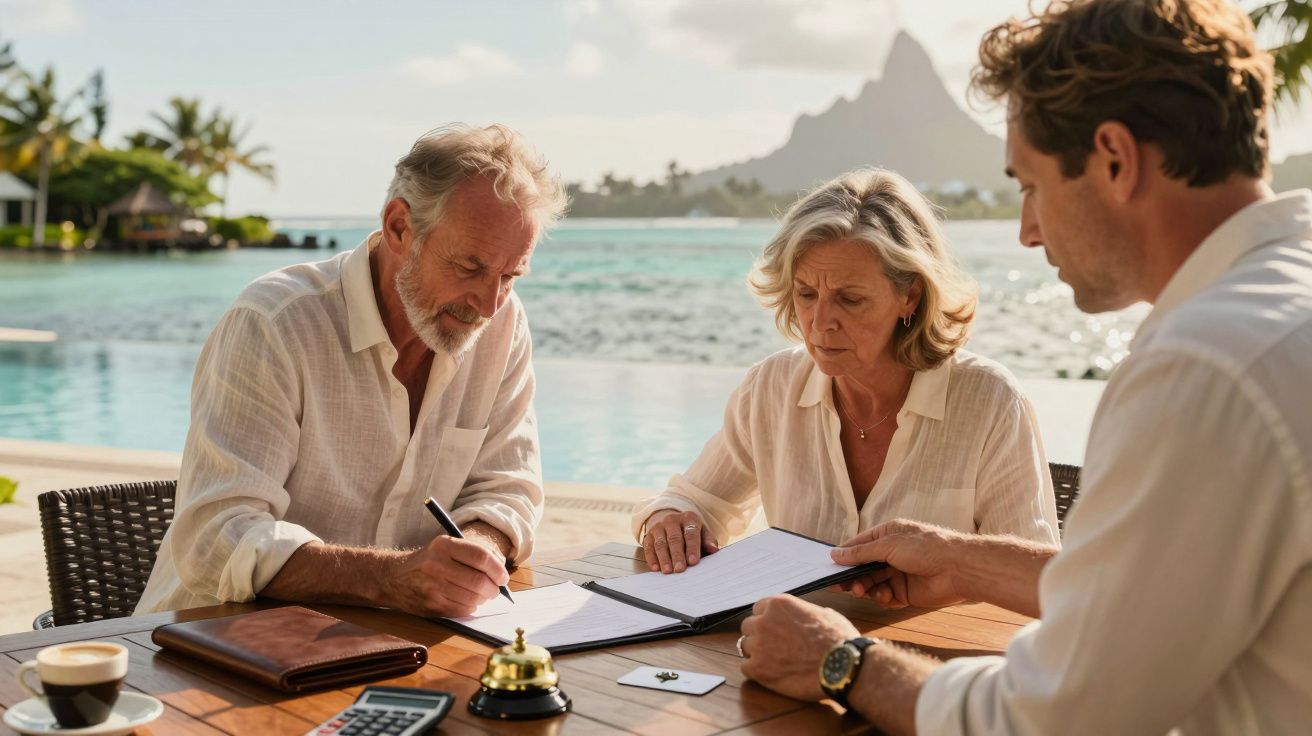 Casal maduro assina documentos à beira da piscina, enquanto um homem assiste; cenário tropical ao fundo.