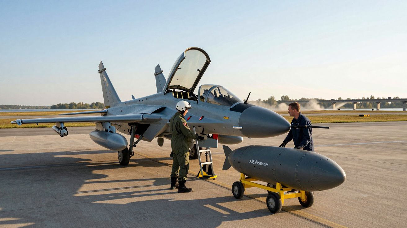 Piloto e técnico em frente a um caça cinza em uma pista, examinando um míssil em um carrinho de transporte.
