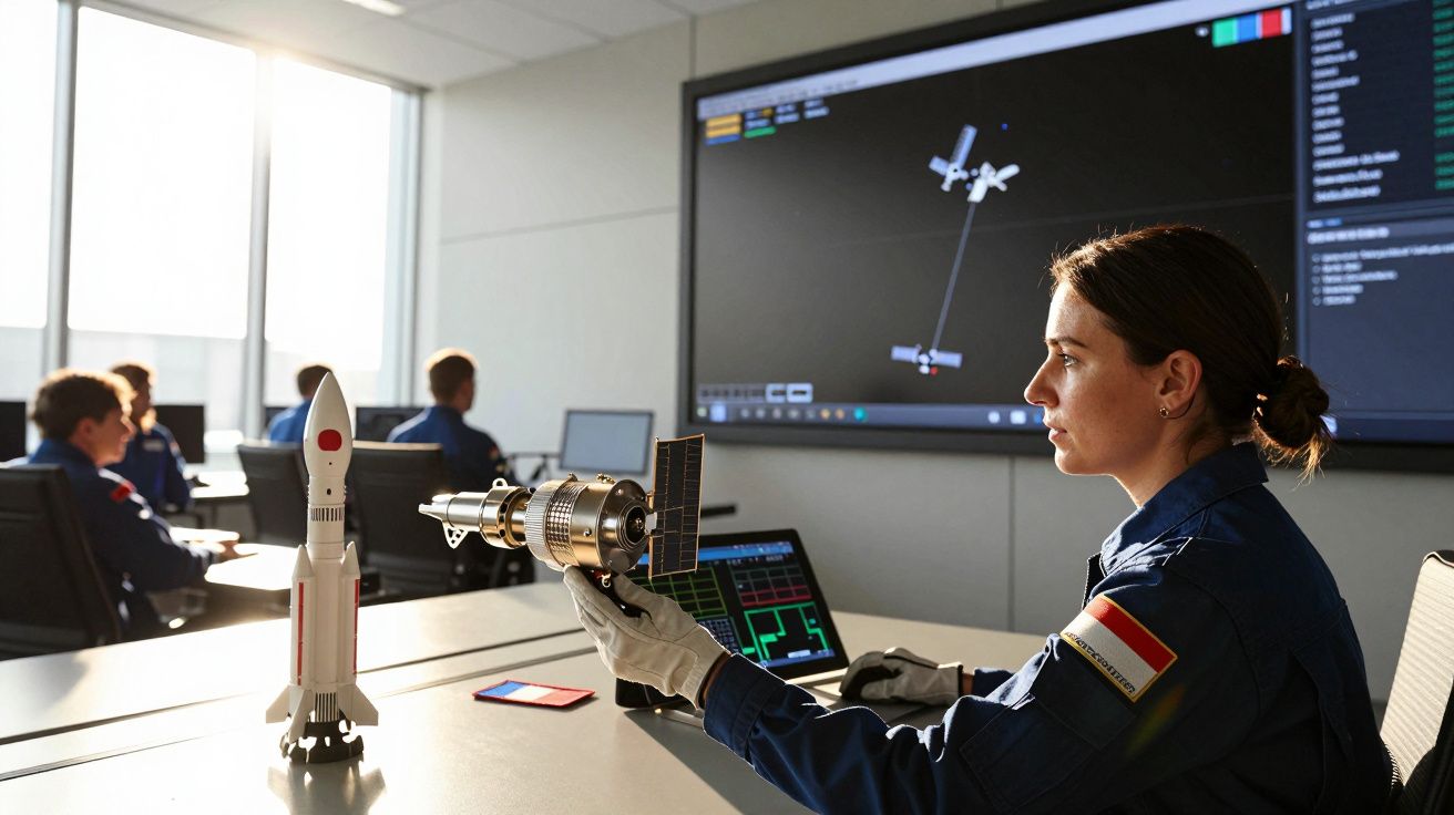 Pessoa segura mini satélite e observa monitor numa sala de aula espacial, com colegas ao fundo e modelo de foguetão na mesa.