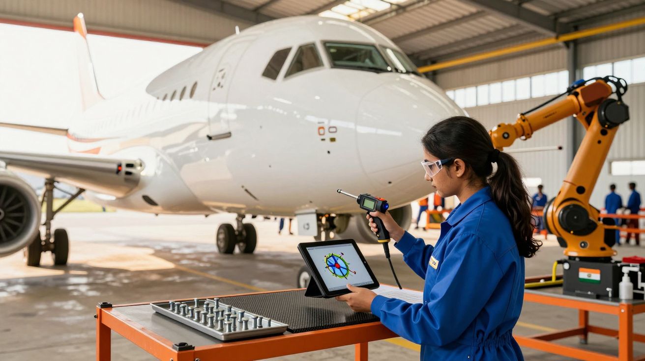 Técnica inspeciona avião com tablet e ferramentas num hangar enquanto braço robótico está ao lado.