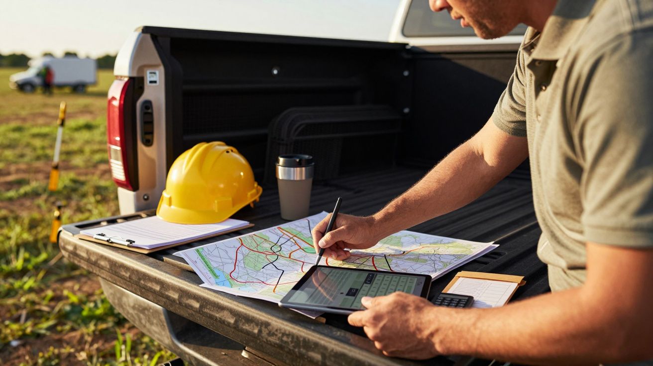 Homem a consultar mapas e tablet na traseira de uma carrinha, com capacete de segurança e copo térmico ao lado.