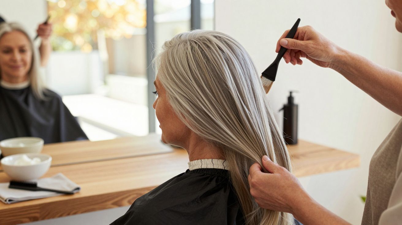 Cabeleireiro pinta cabelo grisalho de mulher sentada frente ao espelho num salão iluminado.