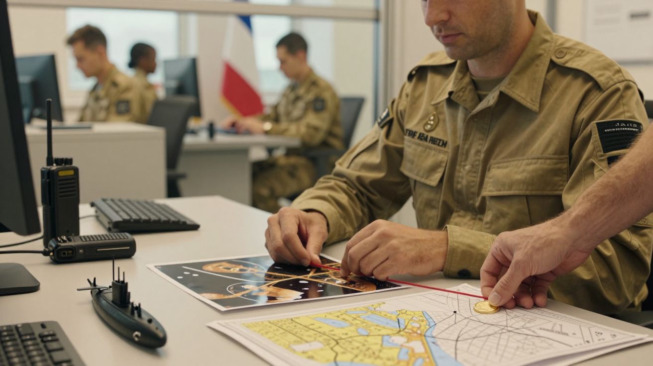 Militares analisam mapas e documentos numa sala de operações. Computadores e equipamento de comunicação visíveis.