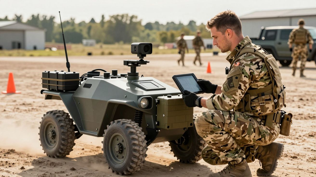 Soldado em uniforme camuflado operando robô militar com tablet, numa base ao ar livre com outros soldados ao fundo.