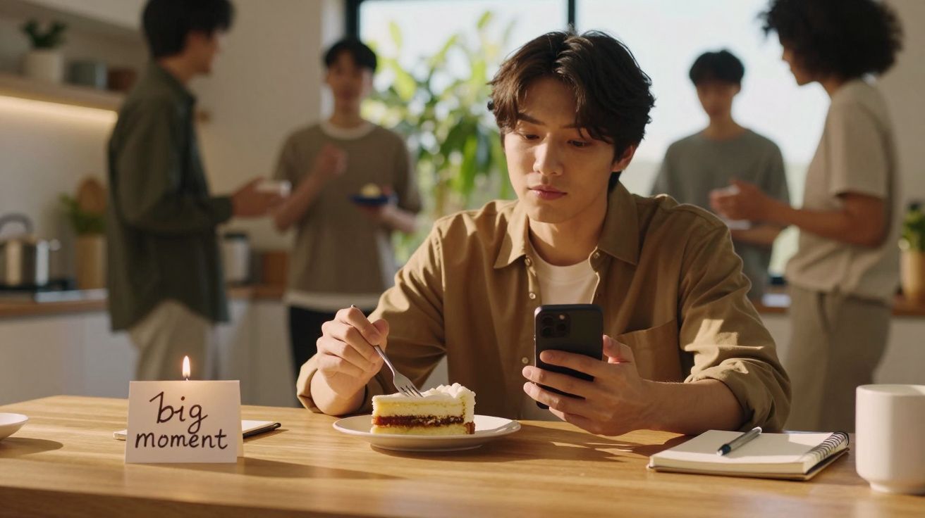Homem sentado à mesa com bolo, telemóvel e caderno. Quatro pessoas conversam ao fundo. Nota diz "big moment".