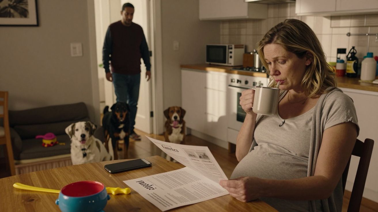 Mulher grávida lê jornal e bebe, enquanto homem entra com cães na cozinha.