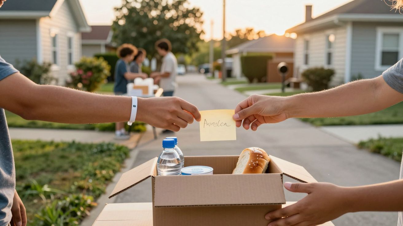 Duas pessoas trocam um bilhete junto a uma caixa com alimentos, em uma rua residencial, ao pôr do sol.
