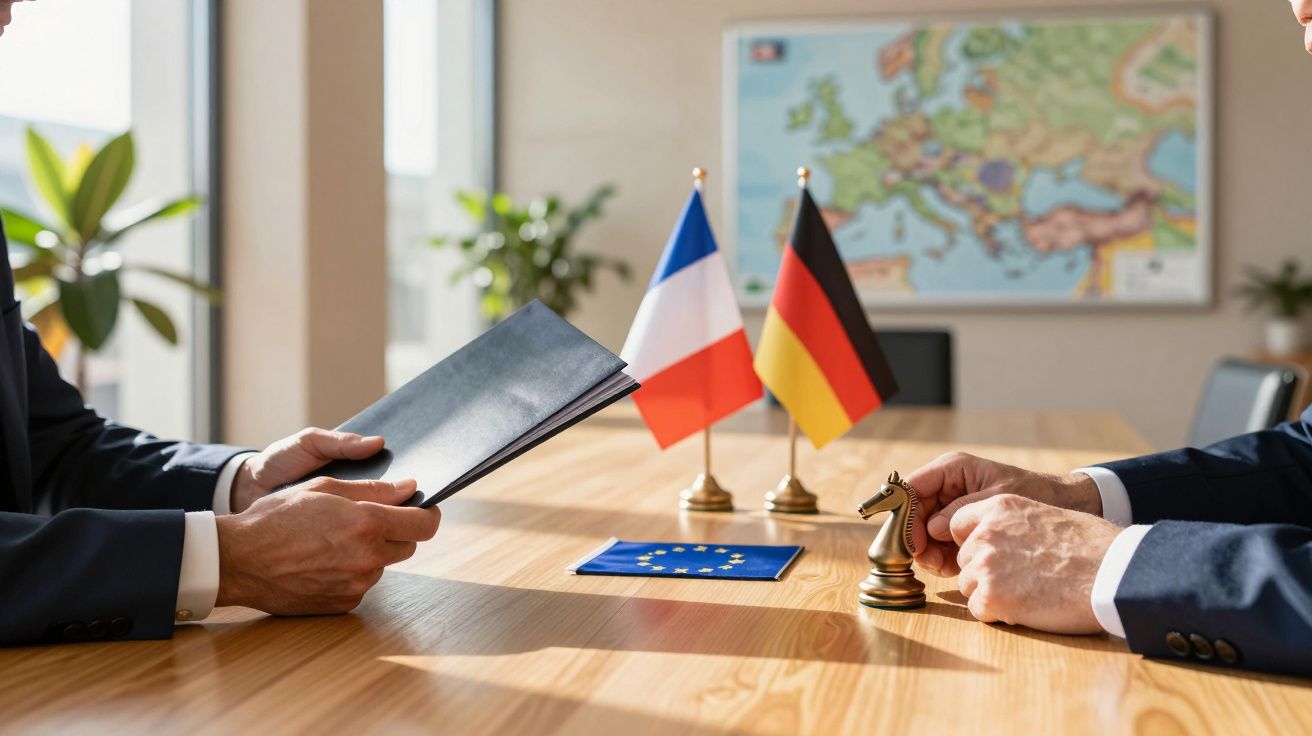 Reunião diplomática com bandeiras de França e Alemanha, mapa da Europa ao fundo, peça de xadrez sobre a mesa.
