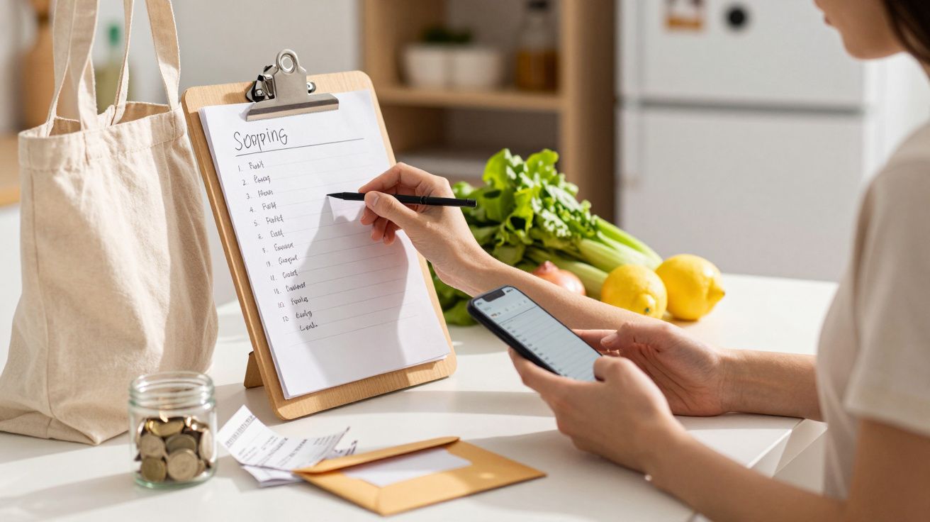 Pessoa segura smartphone e escreve numa lista de compras em prancheta, com vegetais e moedas em frascos ao lado.
