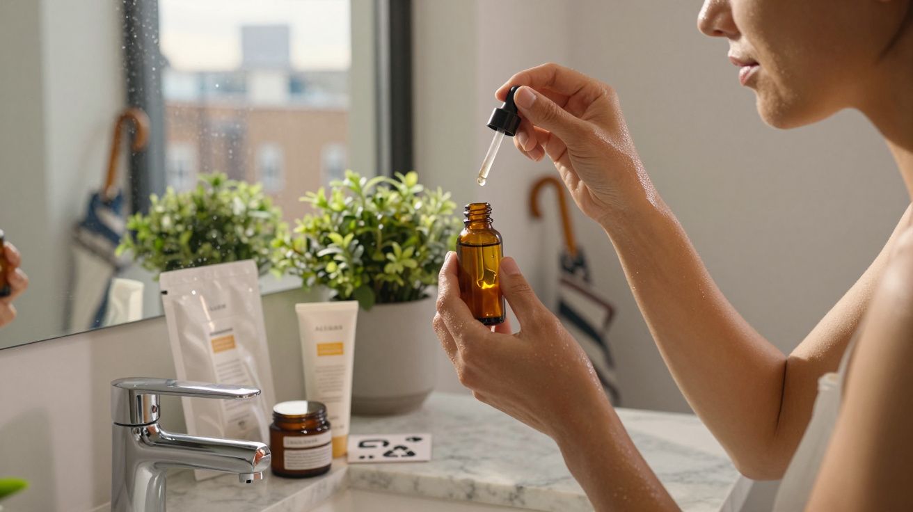 Mulher aplicando sérum facial com conta-gotas em casa de banho com plantas e produtos de beleza no lavatório.