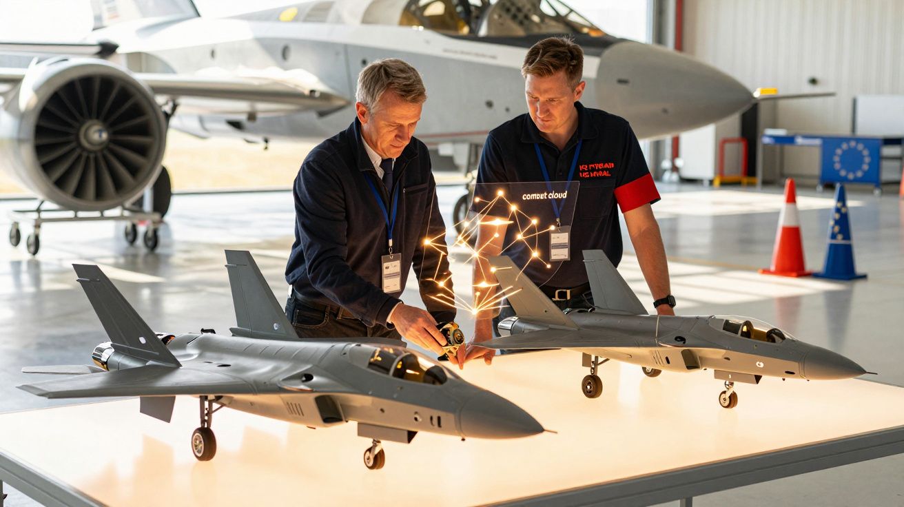 Dois homens examinando modelos de aviões numa mesa iluminada num hangar, com um avião em tamanho real ao fundo.
