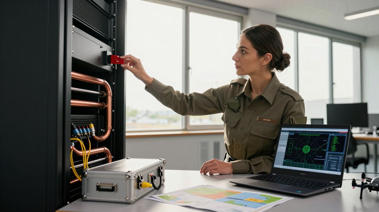 Mulher em uniforme ajusta equipamento em servidor, com laptop e mapas na mesa de escritório.