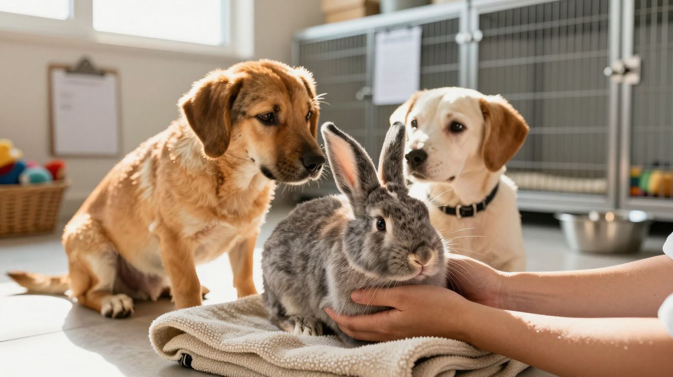 Cão ruivo e cão branco observam um coelho cinza nas mãos de alguém, em ambiente interno iluminado pela janela.