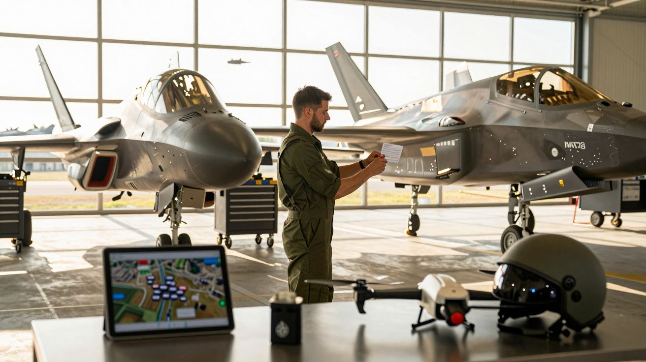 Militar em hangar inspeciona documentos ao lado de dois caças, com mesa contendo tablet, drone e capacete.