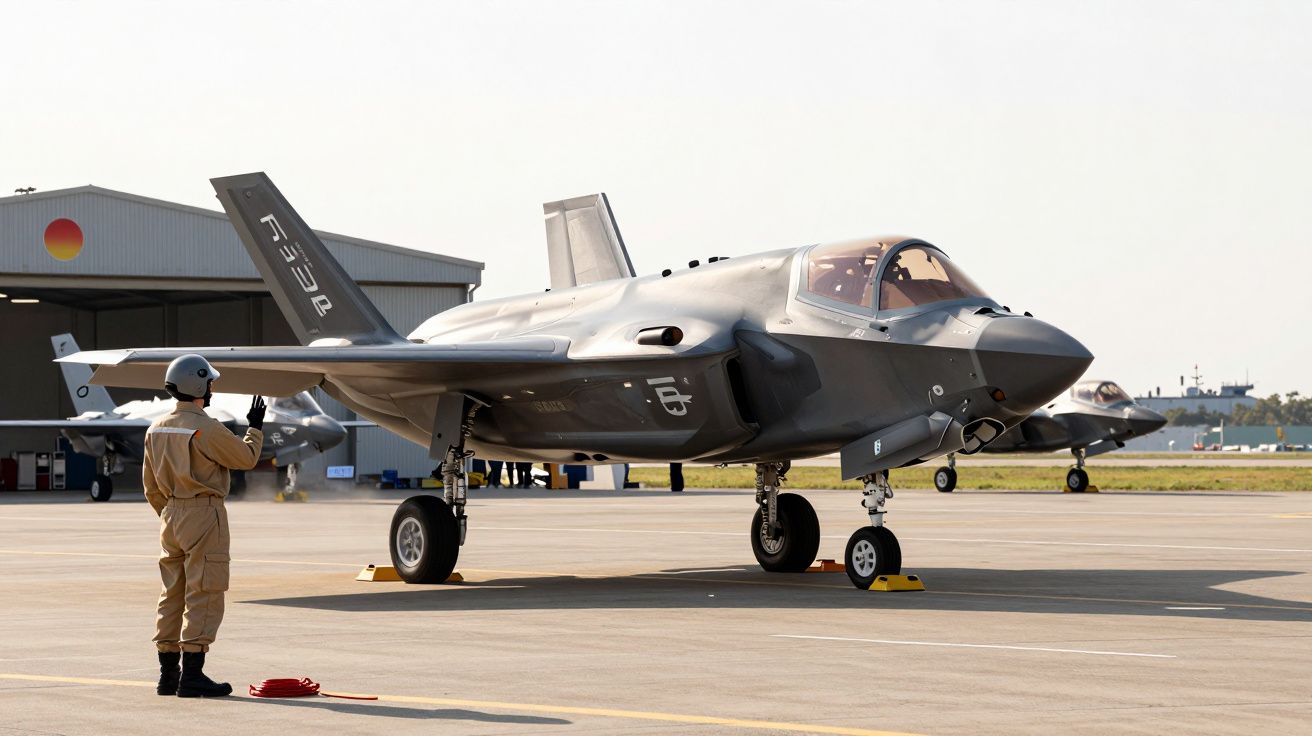 Avião de combate cinzento estacionado na pista em frente a um hangar, com técnico em uniforme beige a orientar.