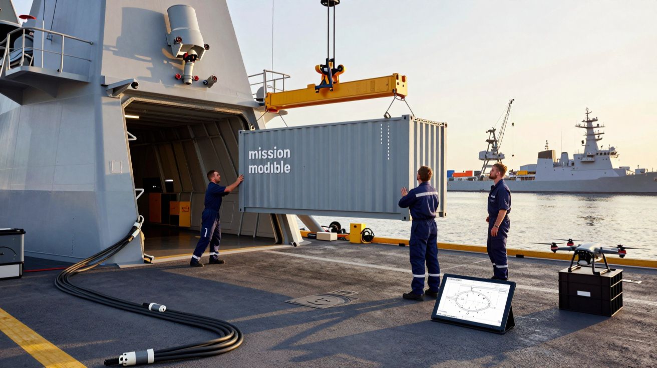 Três pessoas num navio a carregar um contentor cinzento com um guindaste.