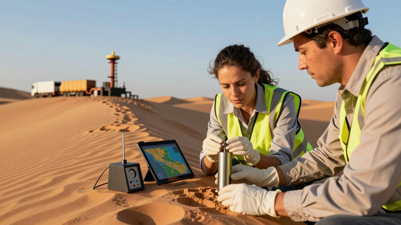 Duas pessoas de colete refletor e capacete analisam amostra de areia no deserto, com tablet e equipamentos técnicos.