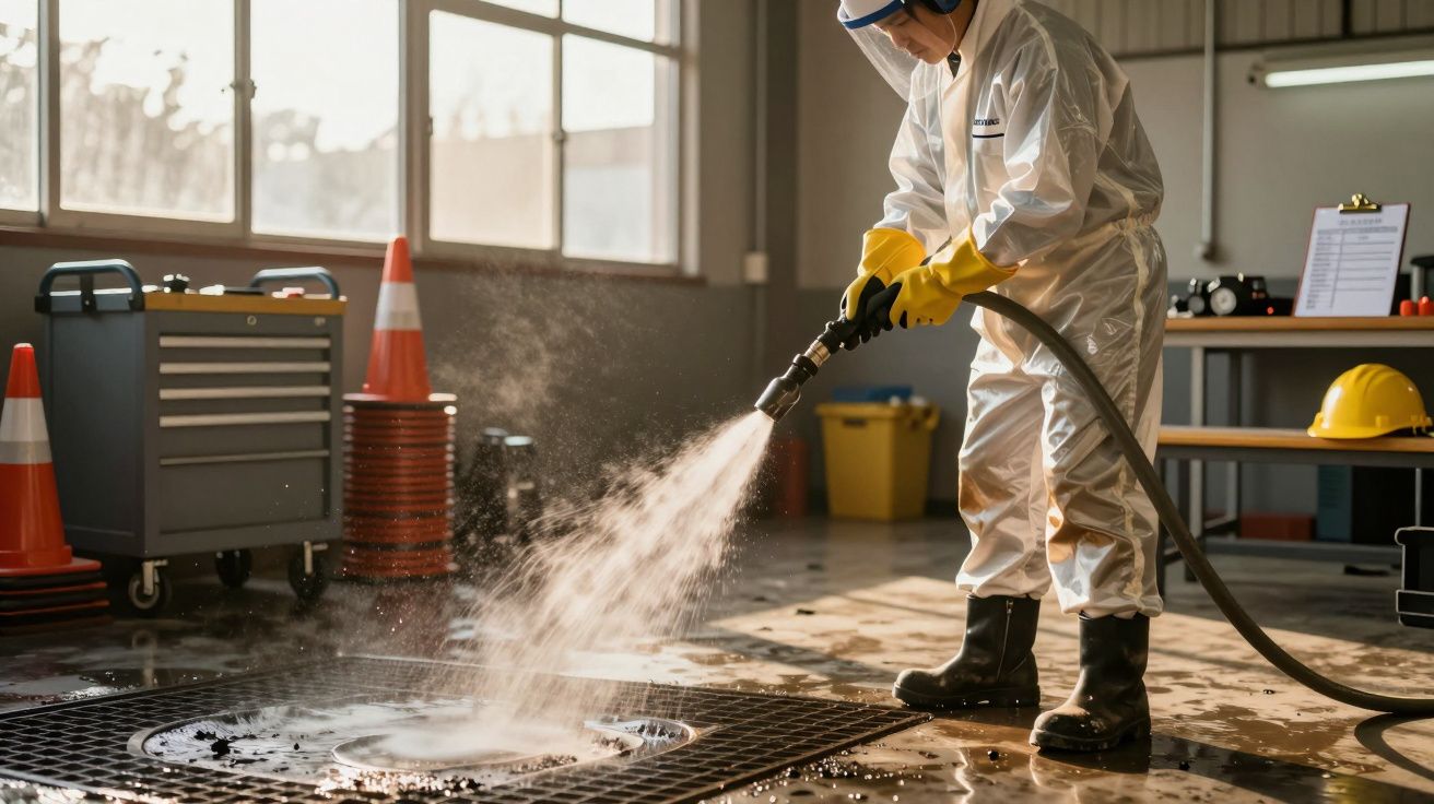 Pessoa com fato de proteção a lavar chão de oficina com mangueira de pressão, rodeada de cones e ferramentas.