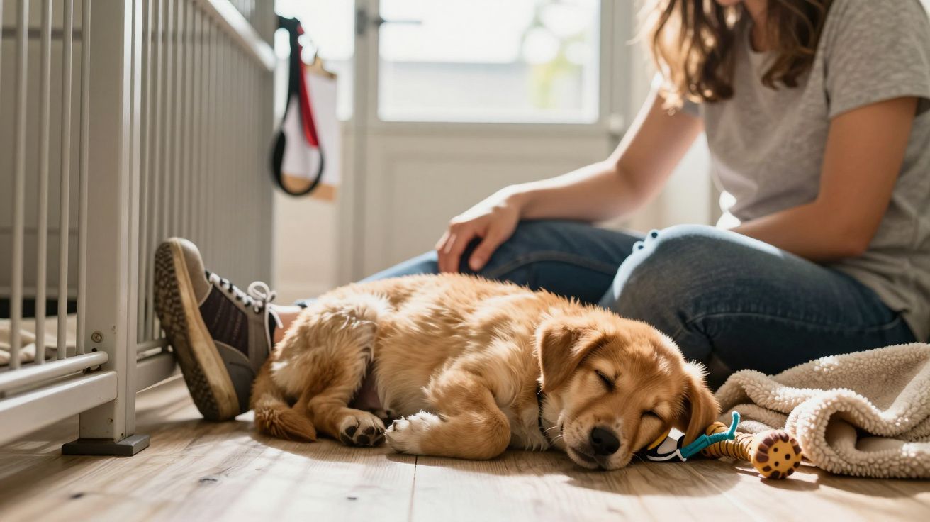 Mulher sentada no chão ao lado de um cachorro a dormir, com brinquedos e cobertor por perto, numa sala iluminada.