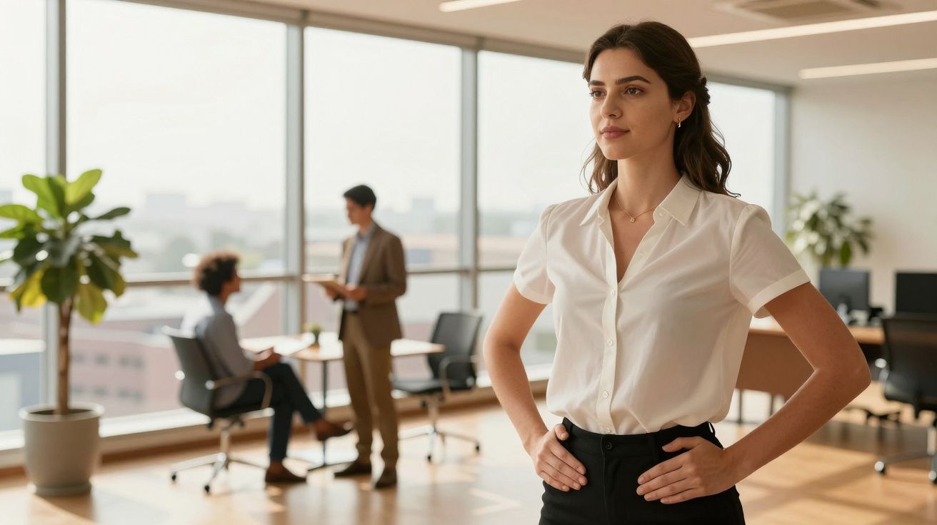 Mulher de pé, confiante, em escritório iluminado por janelas amplas, enquanto duas pessoas conversam ao fundo.