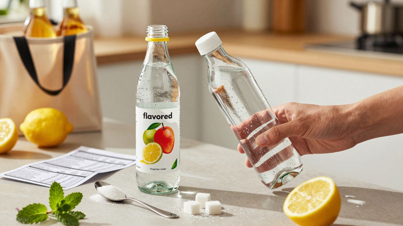 Mão segurando garrafa de água junto a mesa com outra garrafa, limão, açúcar e hortelã.