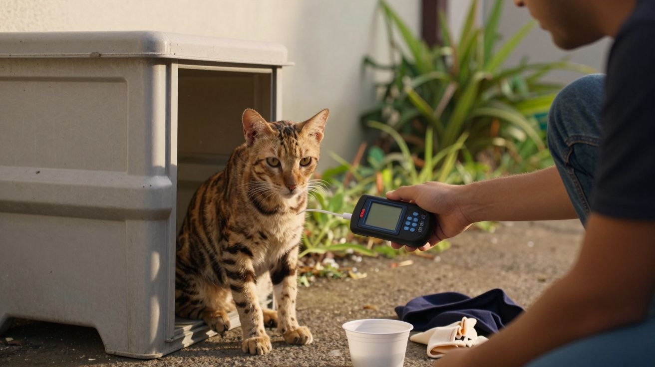 Homem usando dispositivo perto de um gato malhado sentado junto a uma caixa cinza ao ar livre, com plantas ao fundo.