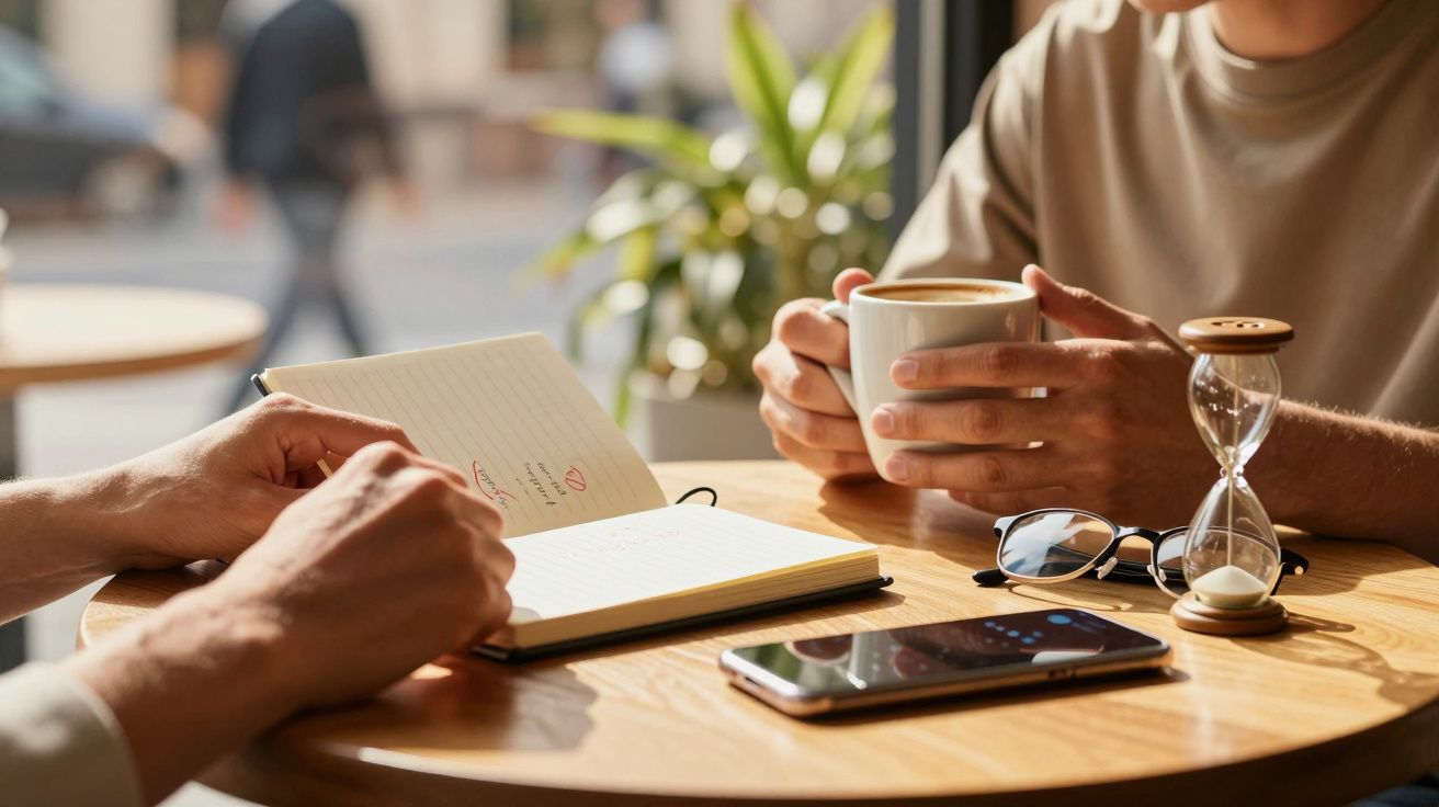 Duas pessoas numa mesa de café, uma escreve num caderno e outra segura uma chávena. Ampulheta e telemóvel na mesa.