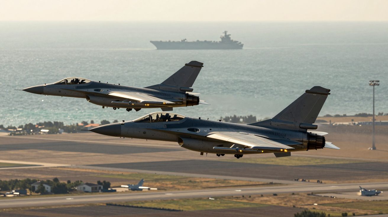Dois caças voando sobre uma pista de aviação, com o oceano e um porta-aviões ao fundo.