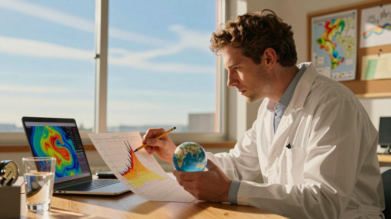 Cientista em bata branca analisa gráfico de clima com globo terrestre na mão, em frente a um laptop num escritório iluminado.