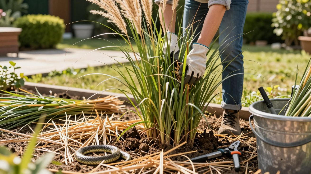 Pessoa a plantar ervas num jardim, usando luvas de jardinagem, com ferramentas e um balde metálico ao lado.