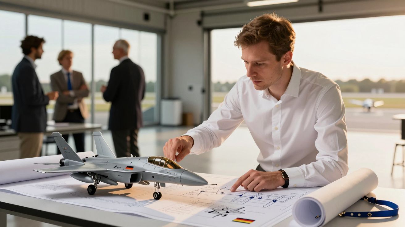 Homem analisa modelo de avião sobre mesa com plantas, enquanto duas pessoas conversam ao fundo em sala iluminada.