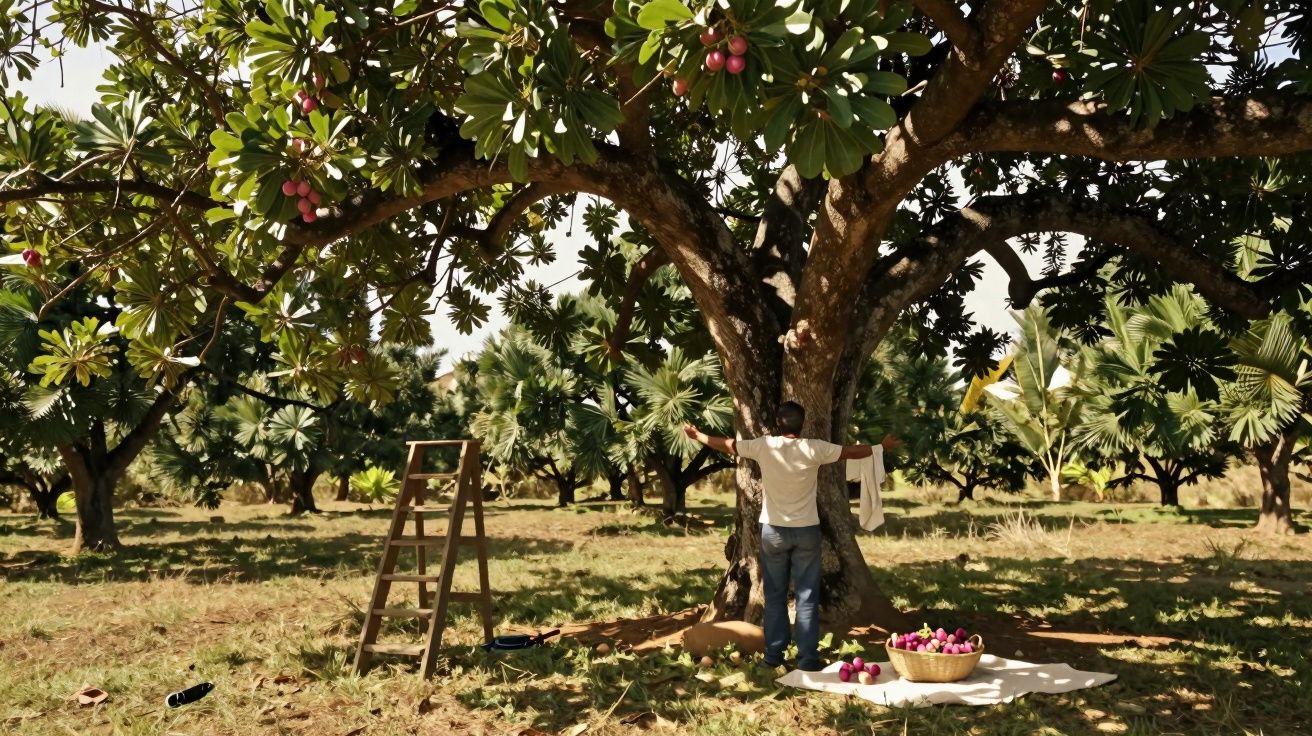 Homem colhe frutas de árvore frondosa em pomar ensolarado; cesto no chão e escada ao lado.