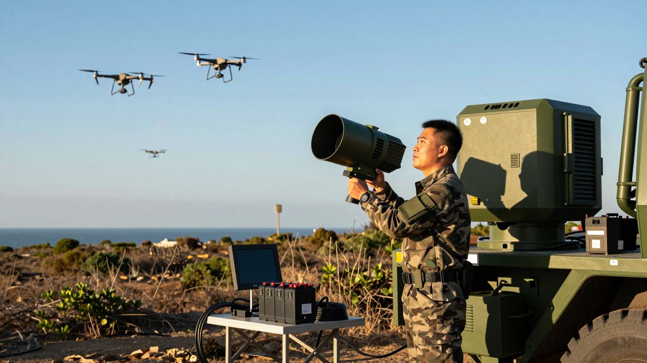 Soldado em uniforme camuflado opera equipamento anti-drone ao lado de um veículo militar, com três drones no céu.