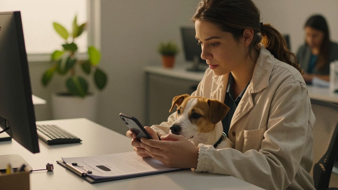 Mulher a trabalhar num escritório, a segurar um cão e a usar um telemóvel, com plantas no fundo.