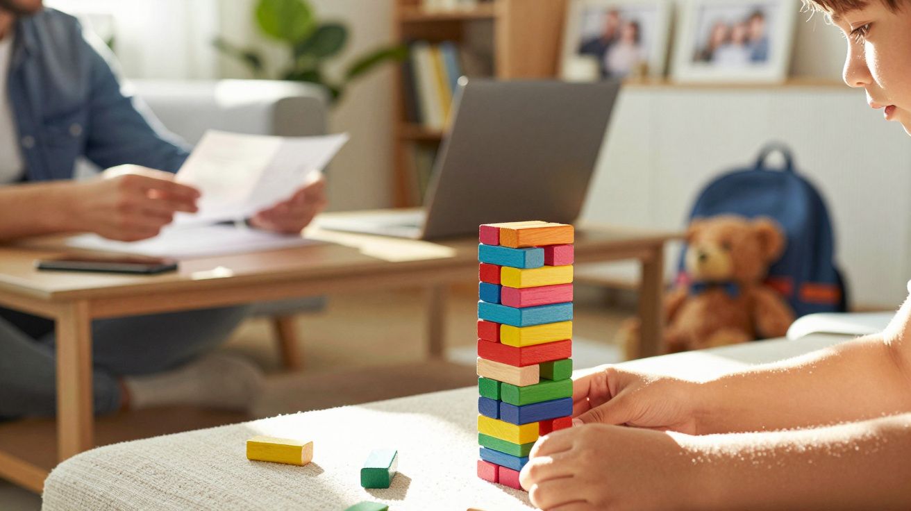 Criança a brincar com blocos de madeira coloridos enquanto adulto trabalha na mesa ao fundo.