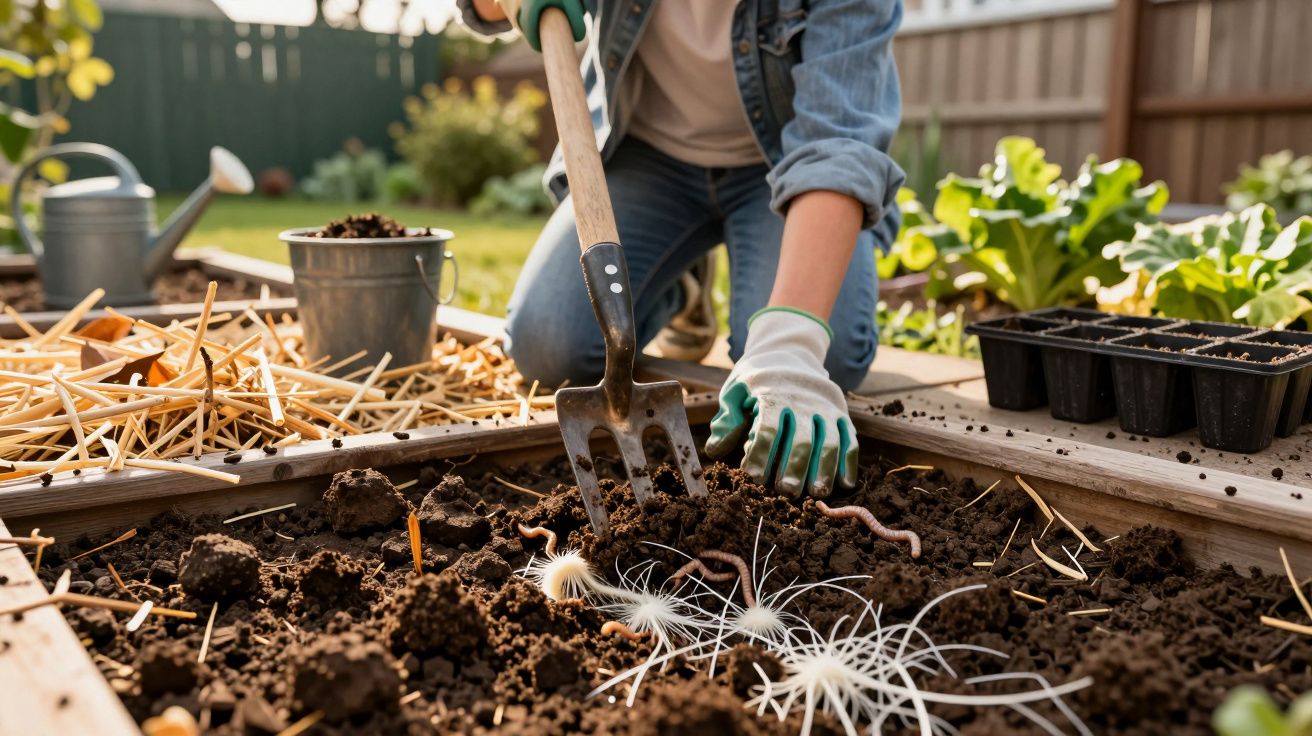 Pessoa a cavar terra num jardim, rodeada de plantas verdes e utensílios de jardinagem, durante um dia ensolarado.
