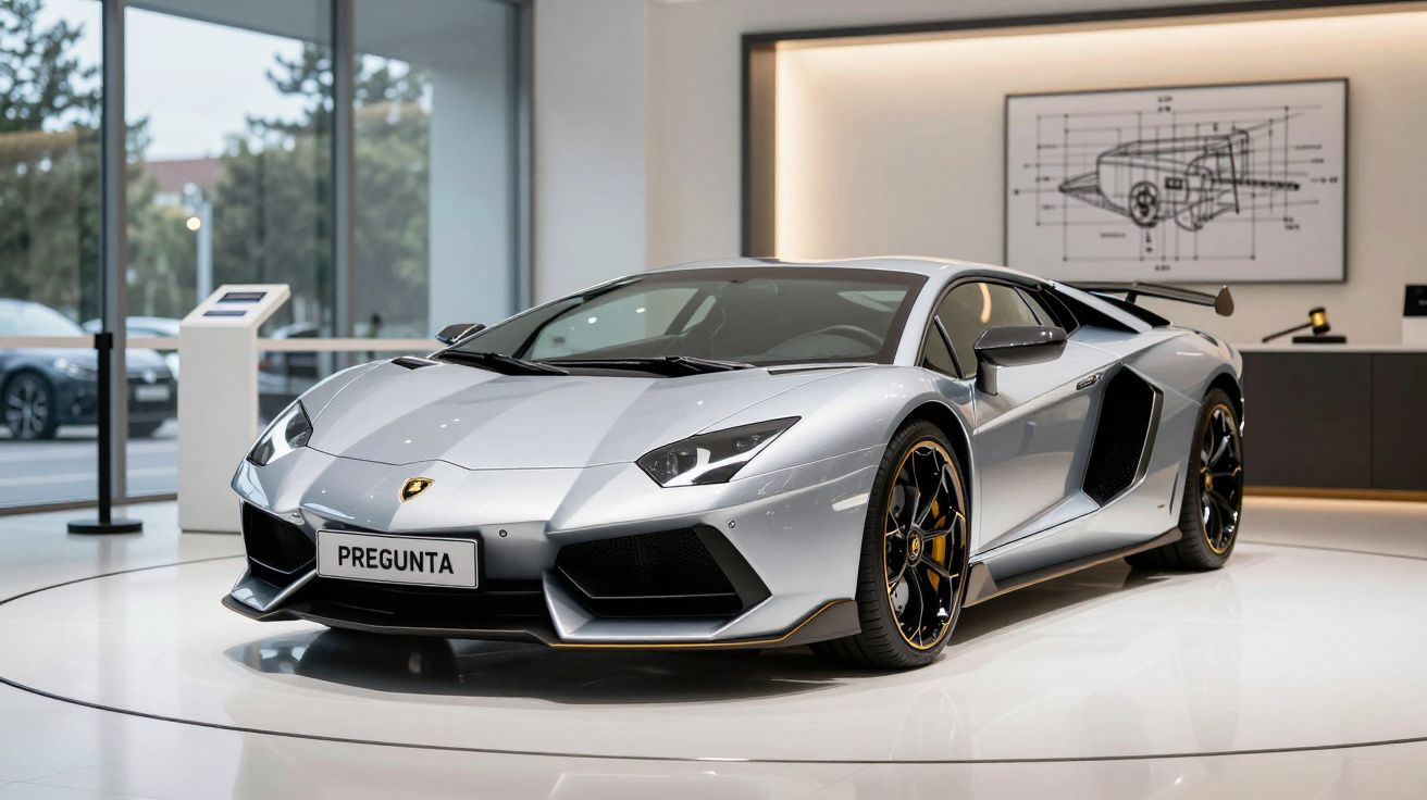 Carro desportivo prateado exposto num showroom moderno, com design elegante e detalhes aerodinâmicos.