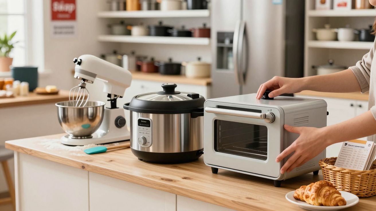 Cozinha moderna com batedeira, panela elétrica e forno portátil, croissants e mãos ajustando o forno na bancada.