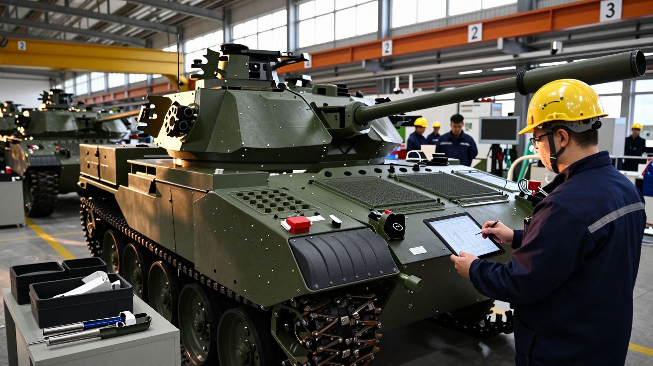 Funcionário inspeciona tanque verde num piso de fábrica, usando capacete amarelo e tablet. Vários tanques ao fundo.