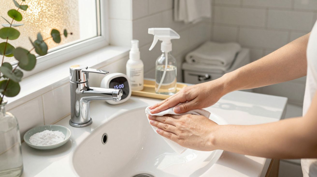 Mãos a limpar uma bancada de lavatório, com produtos de limpeza e plantas perto de uma janela.