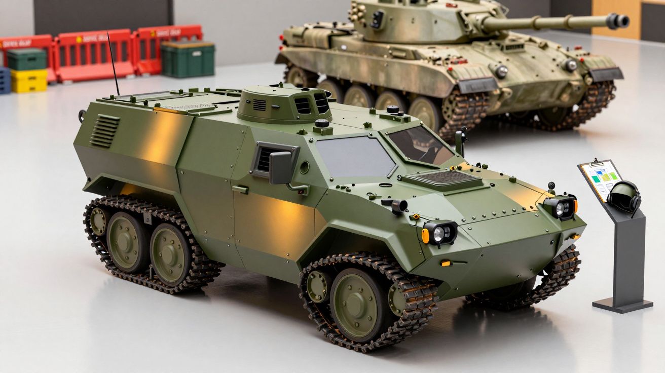 Veículo militar blindado verde com rodas e lagartas em exposição, ao lado de outro tanque vintage camuflado em segundo plano.