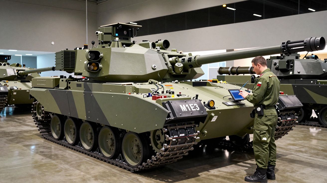 Militar de uniforme ao lado de um tanque de cor verde, num espaço interno amplo e iluminado.